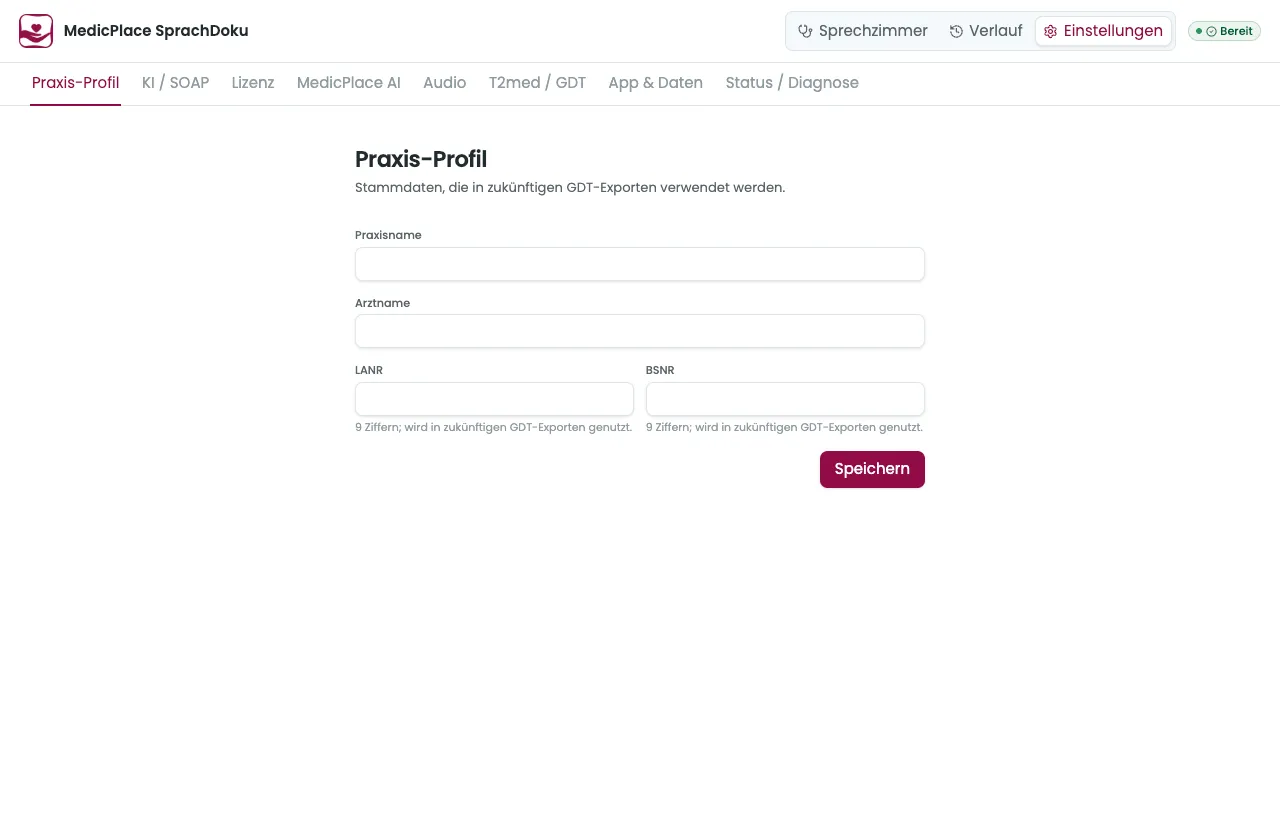 Einstellungen → Praxis-Profil mit Eingabefeldern