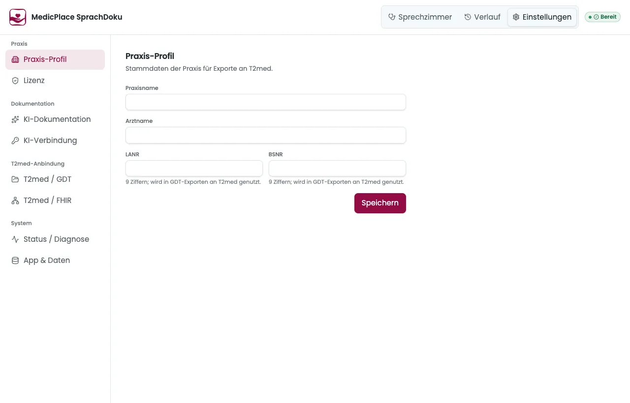 Einstellungen → Praxis-Profil mit Bereichsleiste