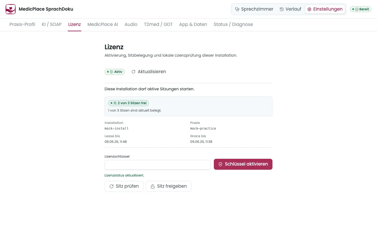 Einstellungen, Lizenz-Tab: Status Aktiv, Sitzbelegung und Lizenz-Aktionen